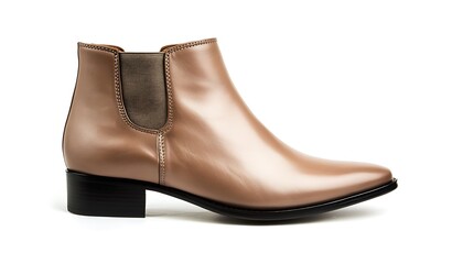 Chic women's leather boots in warm taupe, isolated on white background, realistic HD,