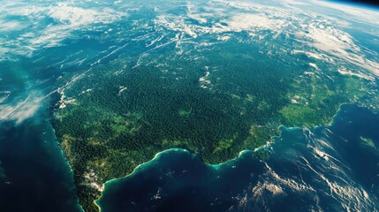 Fototapeta premium A view of Earth's landmass from space, highlighting the natural features and human presence.