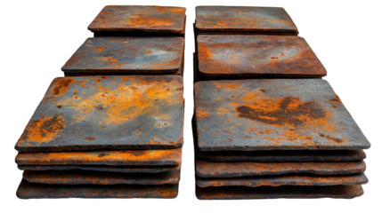 Stacked Rusty Metal Plates Industrial Texture, Aged Iron with Grey and Brown for Rustic Design, isolated on transparent background.