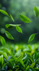Fototapeta premium Verdant tea leaves cascading over lush plantation, soft dawn light casting ethereal glow across verdant landscape