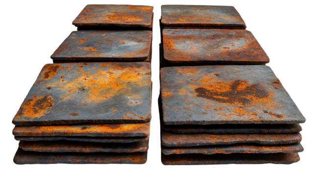 Stacked Rusty Metal Plates Industrial Texture, Aged Iron with Grey and Brown for Rustic Design, isolated on transparent background.