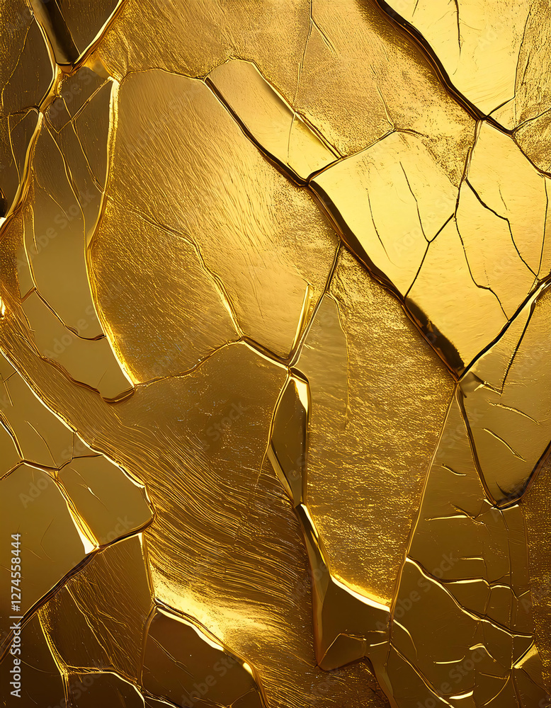 Poster golden, cracked surface with intricate patterns and reflections, resembling shattered glass or a mos