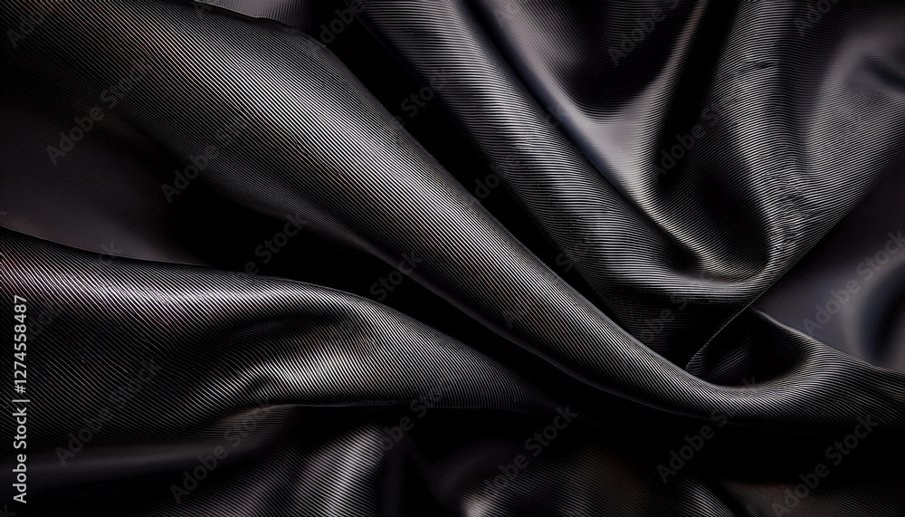 Poster smooth, flowing black fabric with intricate folds and a glossy texture, creating a visually captivat