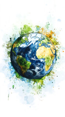 Earth with continents surrounded by colorful watercolor splashes, promoting environmental awareness and global issues