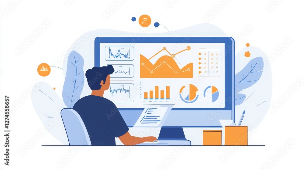 Poster analyst reviewing business data and financial statistics on computer