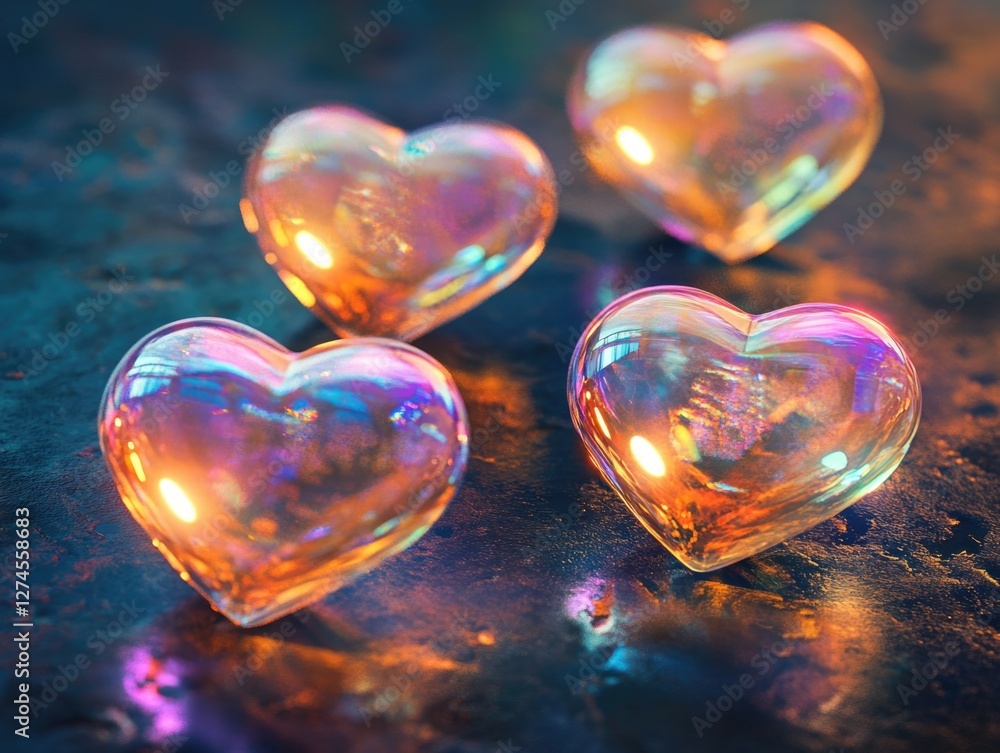 Poster three glowing, heart-shaped objects floating above a reflective surface with colorful lights.
