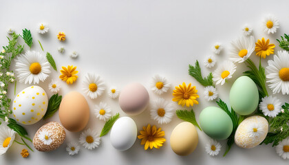 Colorful Easter eggs and daisies arranged on a white background, creating a festive and vibrant springtime scene Generative AI