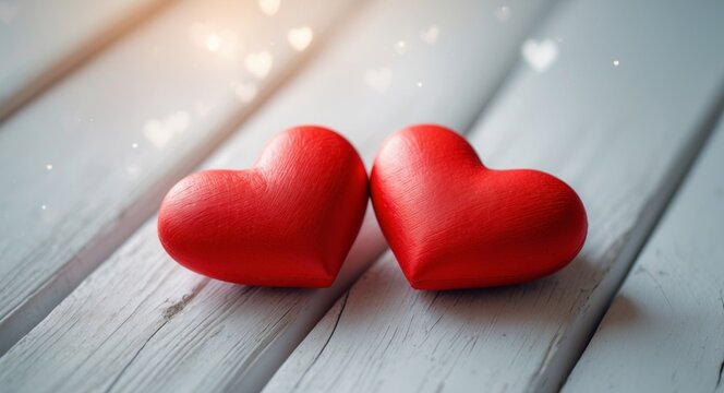 Two Red Hearts on Light Wooden Surface for Valentine's Day Decoration or Sale Promotions.
