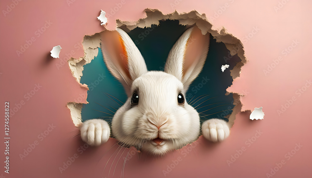 Poster a cute white rabbit peeks through a hole in a pink wall, with its paws resting on the edge, creating