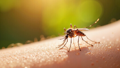 Mosquito biting human skin with a warm, glowing background