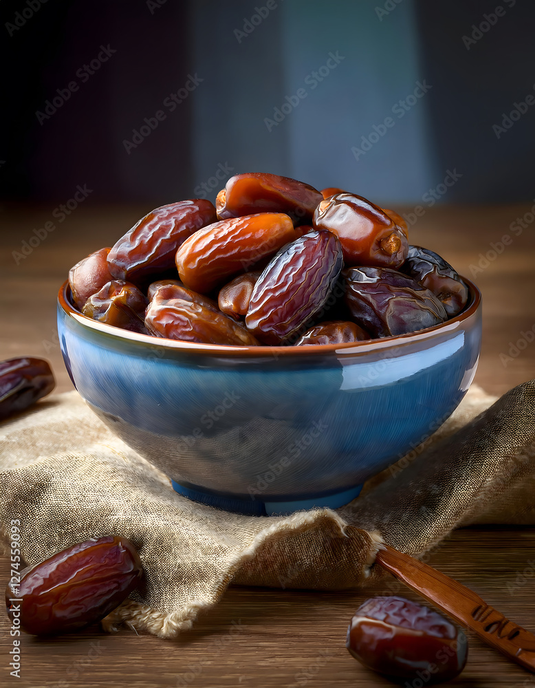Aufkleber a blue bowl filled with dates sits on a wooden surface, with some dates scattered around it. the sce