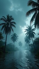 Fototapeta premium A moody landscape depicting a flooded area with palm trees, enveloped in mist and clouds. This image captures the essence of nature's power and vulnerability.