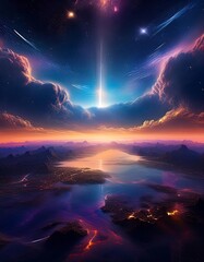 Dramatic cosmic rift blending deep space clouds and twilight horizon in an otherworldly landscape. Generative AI