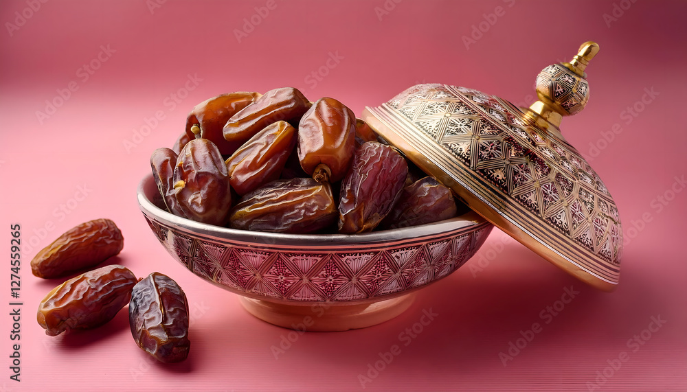 Poster a decorative bowl filled with dates sits on a pink surface, showcasing the intricate design of the b