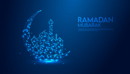 Elegant Abstract Ramadan Background with Blue Geometric Patterns, Crescent Moon, and Shining Stars – Futuristic Digital Islamic Vector Illustration for Eid Celebration, Midnight Sky, and Spiritual Fes
