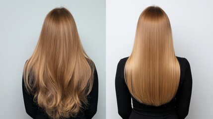 Naklejka premium Transforming hair from wavy to straight in a stylish salon, before and after