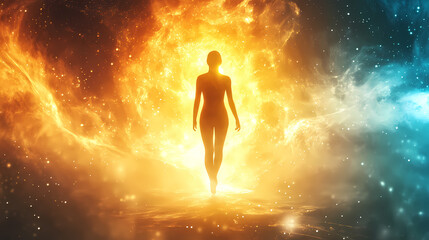 Naklejka premium Glowing silhouetted figure in ethereal spiritual aura. Luminous Metaphysical Energy. Illustration