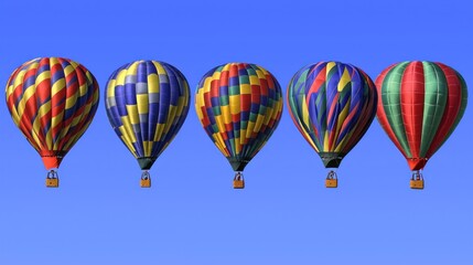 Naklejka premium Five Colorful Hot Air Balloons Soaring in a Clear Blue Sky
