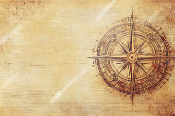 Naklejka premium Vintage nautical map with an aged parchment texture, featuring an intricate compass rose and ancient cartographic details. Concept of exploration, adventure, and maritime navigation.