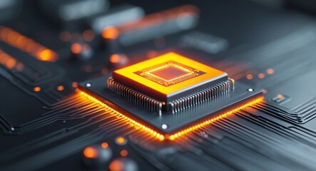 Illuminated Microchip On Circuit Board Glowing Orange.