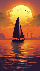 Fototapeta premium Sailboat sailing near a wind farm at sunset, with birds flying and sun reflecting on the sea