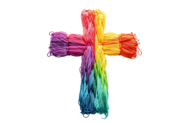 Colorful yarn arranged in a vibrant cross shape symbolizing creativity and crafting joy isolated on transparent background