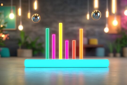 fiscal projection with neon bar graphs and floating data orbs