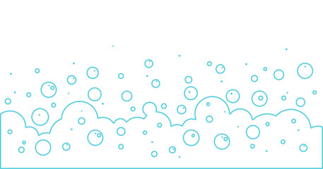 Cartoon blue foam bubble background line art, bath soap pattern outline design, water soda border, wash frame, laundry suds. Shampoo splash, baby shower, drink fizz. Abstract vector illustration