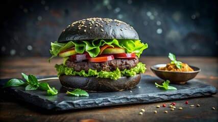 Vegan burger with black beans, ripe avocado and crisp lettuce on dark bun, served on gray plate, with atmospheric lighting and deep shadows, elegant style