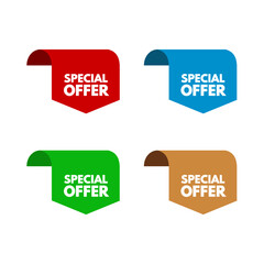 special offer set of page edge sticker, red, blue, green, gold isolated - vector illustration	