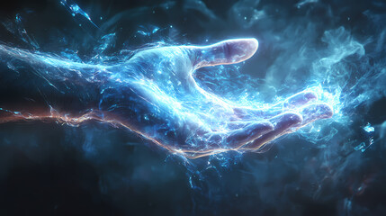 Quantum probability manipulator warping the fabric of reality in ethereal impressionist inspired sci fi realm. Luminous Metaphysical Energy. Illustration