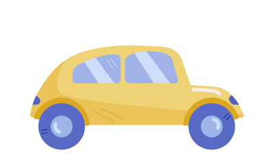 Yellow cartoon car. Vector illustration, element, icon for design, print, textile, children's rooms, clothing. Chidren's toy isolated on white background.

