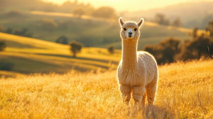 Fototapeta premium Majestic alpaca stands in golden field during sunset in rural landscape