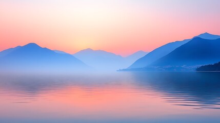 Serene Sunrise Over Misty Mountains and Calm Lake