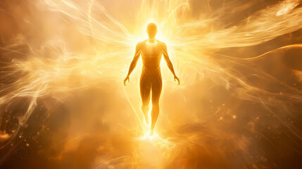Radiant figure glowing with divine light and energy. Luminous Metaphysical Energy. Illustration