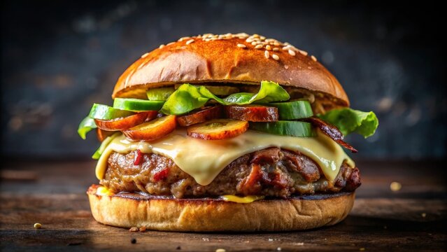 gourmet burger with creamy avocado slices, crispy bacon, and melted cheese on a toasted brioche bun. Juicy beef patty highlighted by dramatic lighting against a dark, moody background
