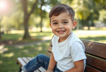 Photorealistic portrait of a happy 3-year-old boy in natural light