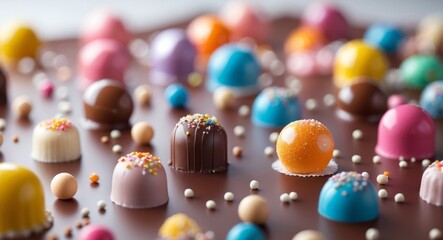 Artfully Arranged Colorful Assorted Chocolates and Sweets on a Rich Chocolate Background.