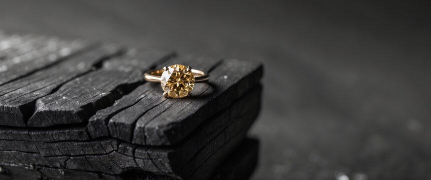 Beautiful golden diamond lying on a textured wooden surface