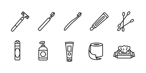 Obraz premium Hygiene icon set. Personal care and grooming vector illustration. Bathroom essentials concept. Toothbrush, razor and soap symbols. Skincare and dental sanitation representation.