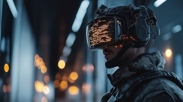 High-tech soldier wearing an advanced VR headset with data overlay, symbolizing futuristic cyber warfare and digital military intelligence, Generative AI