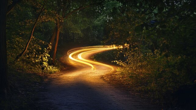 Night Road in Forest with Light Trails
