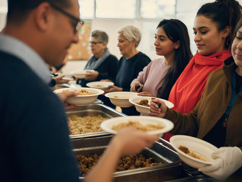 Group of Volunteers Serving Food at a Community Kitchen Event. Volunteers distribute meals to a group of people, showcasing kindness, teamwork, and community support through a food service program in.