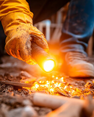 Worker lighting fire with flashlight