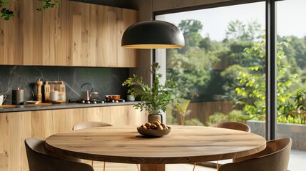 Fototapeta premium Clean kitchen interior with a round wood countertop, perfect for product montages or banners