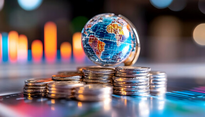 World globe on stack of coins, financial background, global business, illustrative image