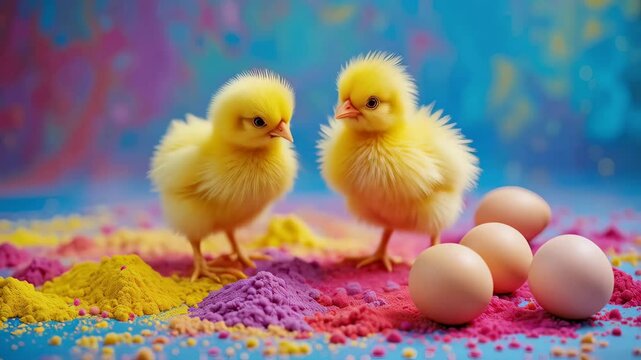 Easter. The delightful spring atmosphere is conveyed by yellow chicks nestled among pastel-coloured eggs in a wicker basket. Nearby, beautiful flowers blossom, completing the joyful scene.