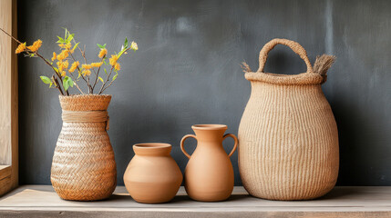 Handcrafted pottery and woven baskets rest gracefully on a wooden table. Soft natural light enhances the textures of each piece, highlighting the artisan quality