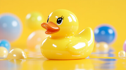 Yellow rubber duck, colorful balls, studio shot, toy, play