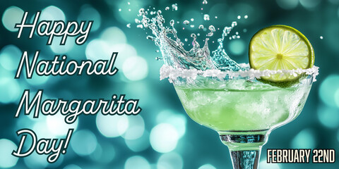 Margarita cocktail splashing, lime wedge mid-air, turquoise bokeh background that reads Happy National Margarita Day